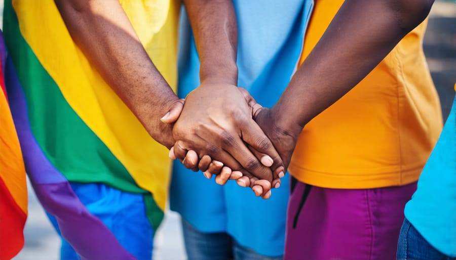 Diverse group showing LGBTQ+ unity and support by holding hands