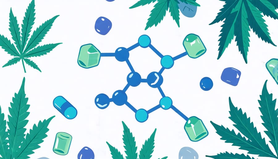 Illustration showing THCA molecular structure with cannabis leaves and gummies