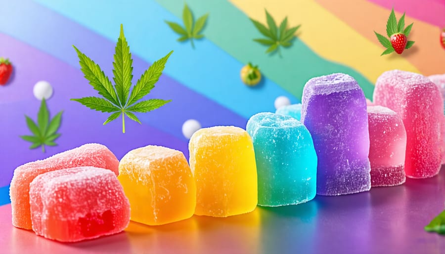 An illustration of colorful THCA gummies cascading like a rainbow with subtle cannabis leaves and a soft rainbow flag in the background, representing support and inclusivity for the LGBTQ+ community.