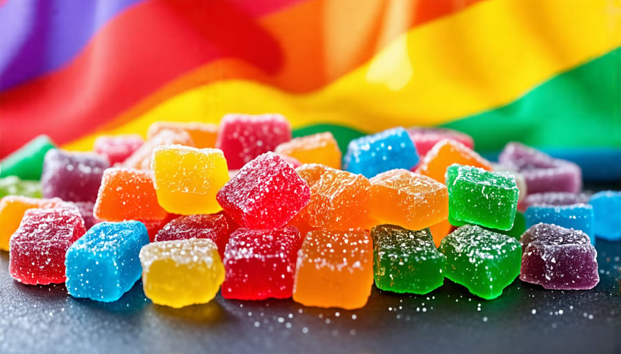 Colorful THCA gummies displayed with a rainbow flag in the background