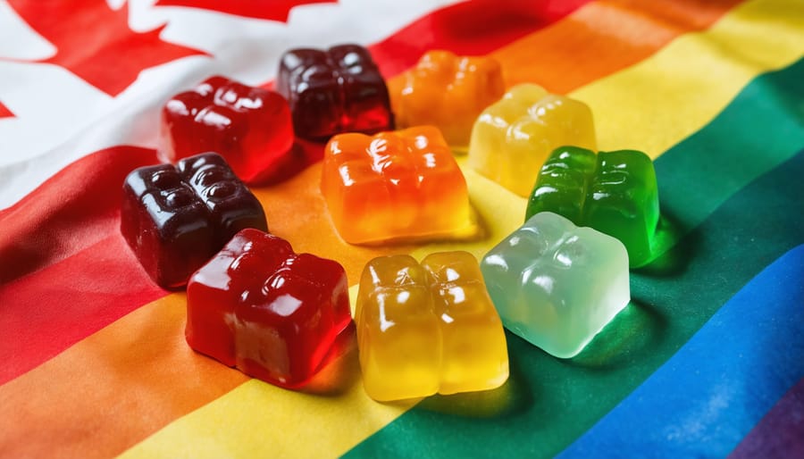 A colorful ring of CBD gummies forming a pride rainbow with hints of the Canadian flag in the background, signifying LGBTQ+ wellness in Canada.