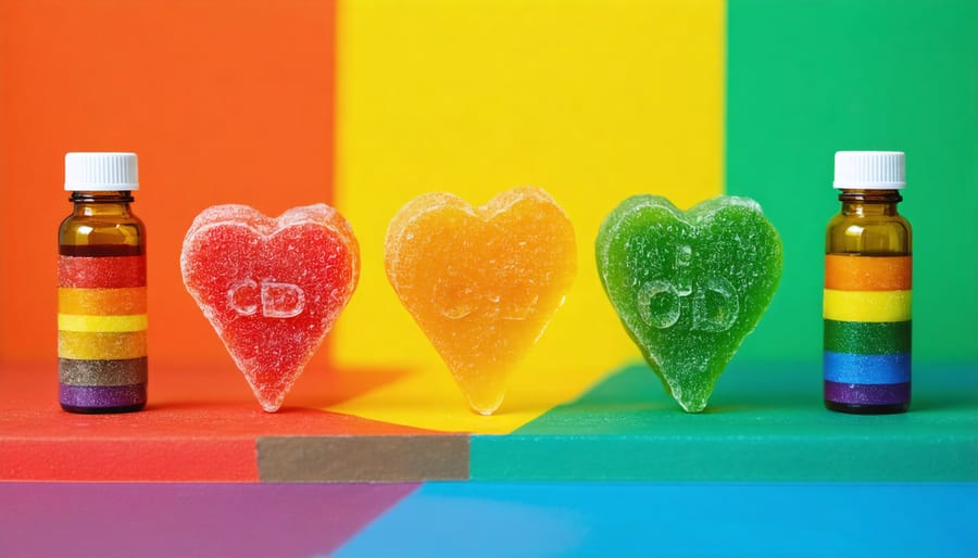 CBD gummies surrounded by rainbow pride symbols, representing LGBTQ+ wellness