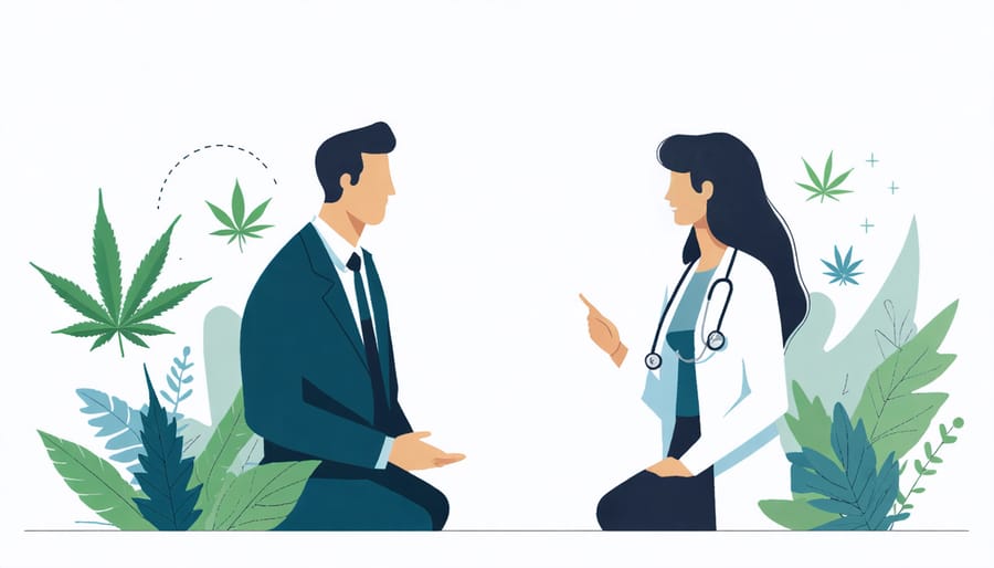 Healthcare professional discussing CBD in a counseling setting, with CBD leaf designs