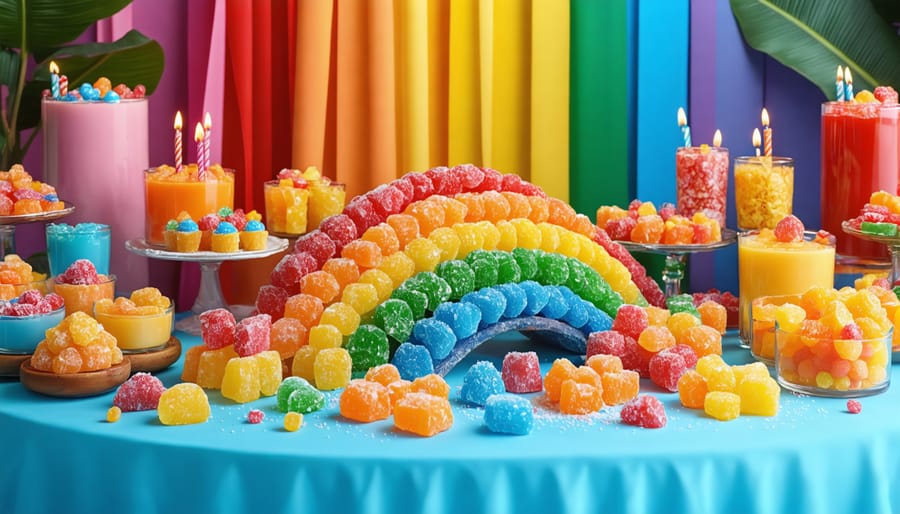 An array of colorful freeze-dried candies in various shapes and textures, set against a rainbow-themed backdrop to symbolize unity and diversity at an LGBTQ+ gathering.