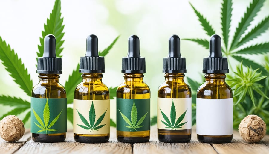 Selection of CBD oil products showing quality certifications and lab testing symbols